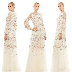 Mac Duggal Floral embroidered gown tulle mesh dress, size 18